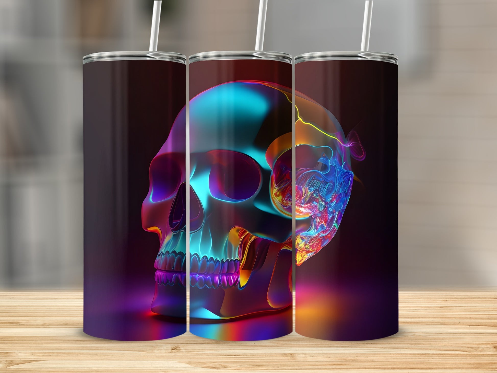 3D rendering of a colorful, translucent skull design on tumblers.