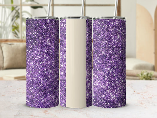 Three purple glitter tumblers with cream-colored sections, arranged on a marble surface.