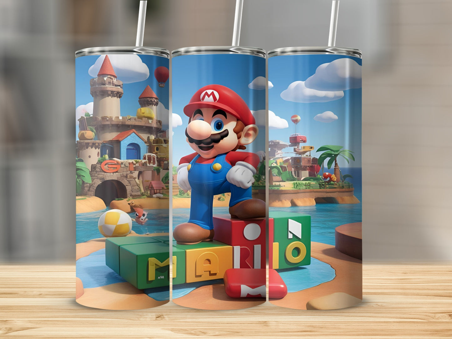 Mario character on blocks with island scenery.