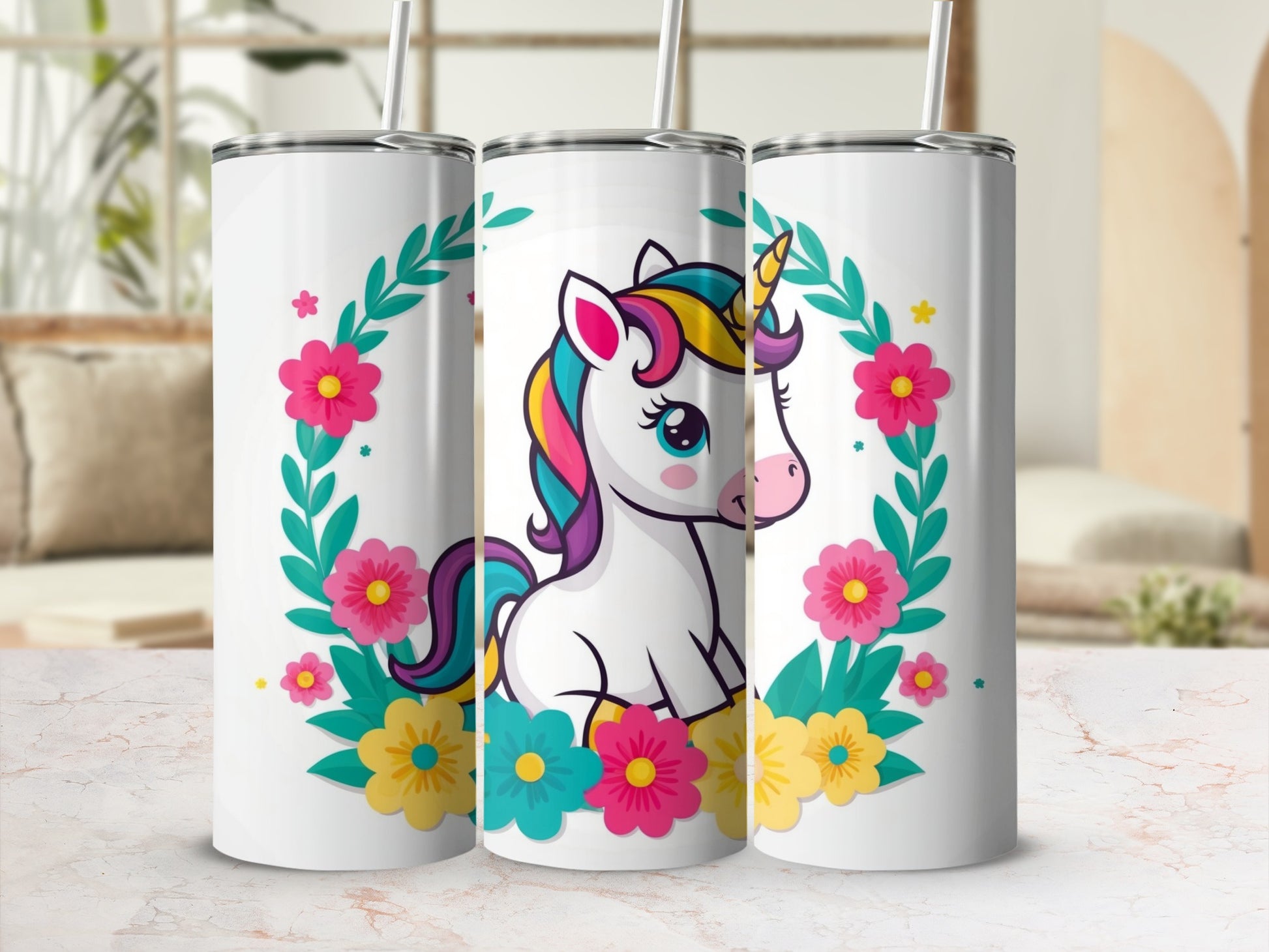 Unicorn with colorful mane and flowers in a floral wreath.