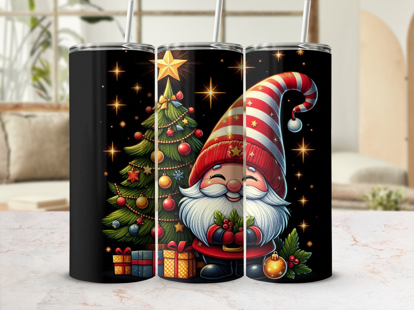 Christmas gnome and tree with gifts on a black tumbler.