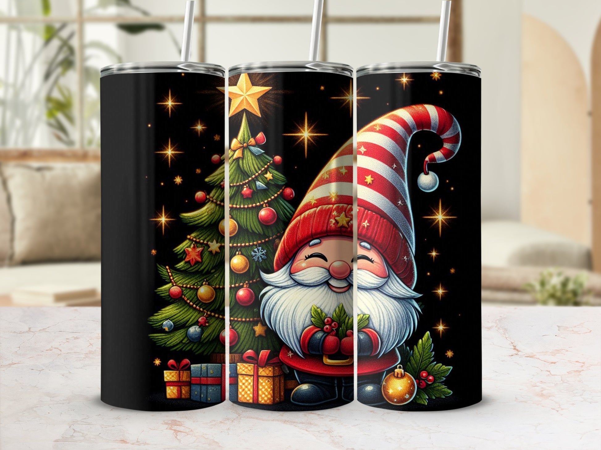Christmas gnome and tree with gifts on a black tumbler.