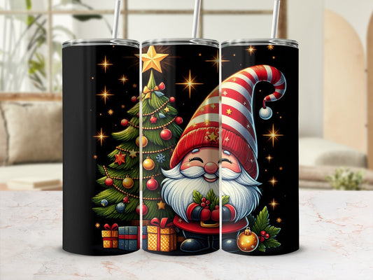 Christmas gnome and tree with gifts on a black tumbler.