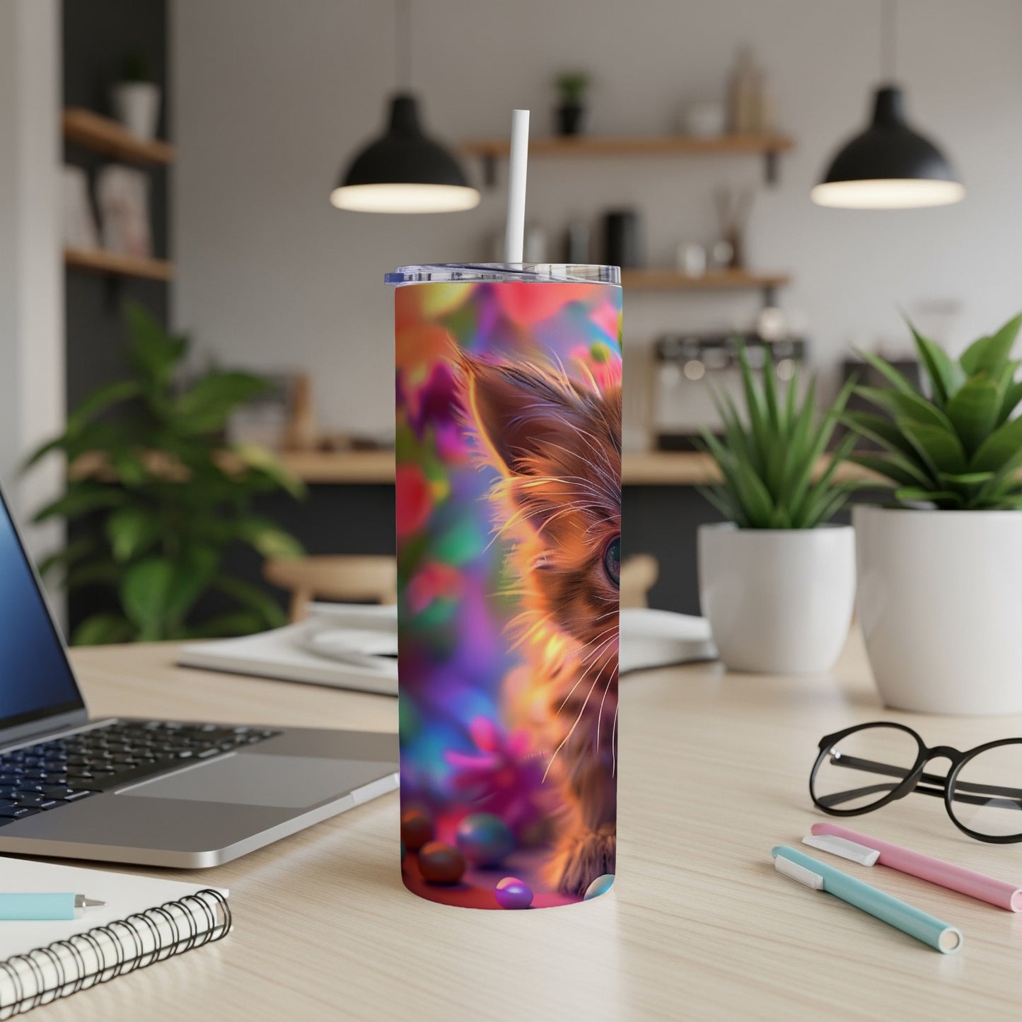 Close-up of a colorful Yorkie face design on a skinny tumbler.
