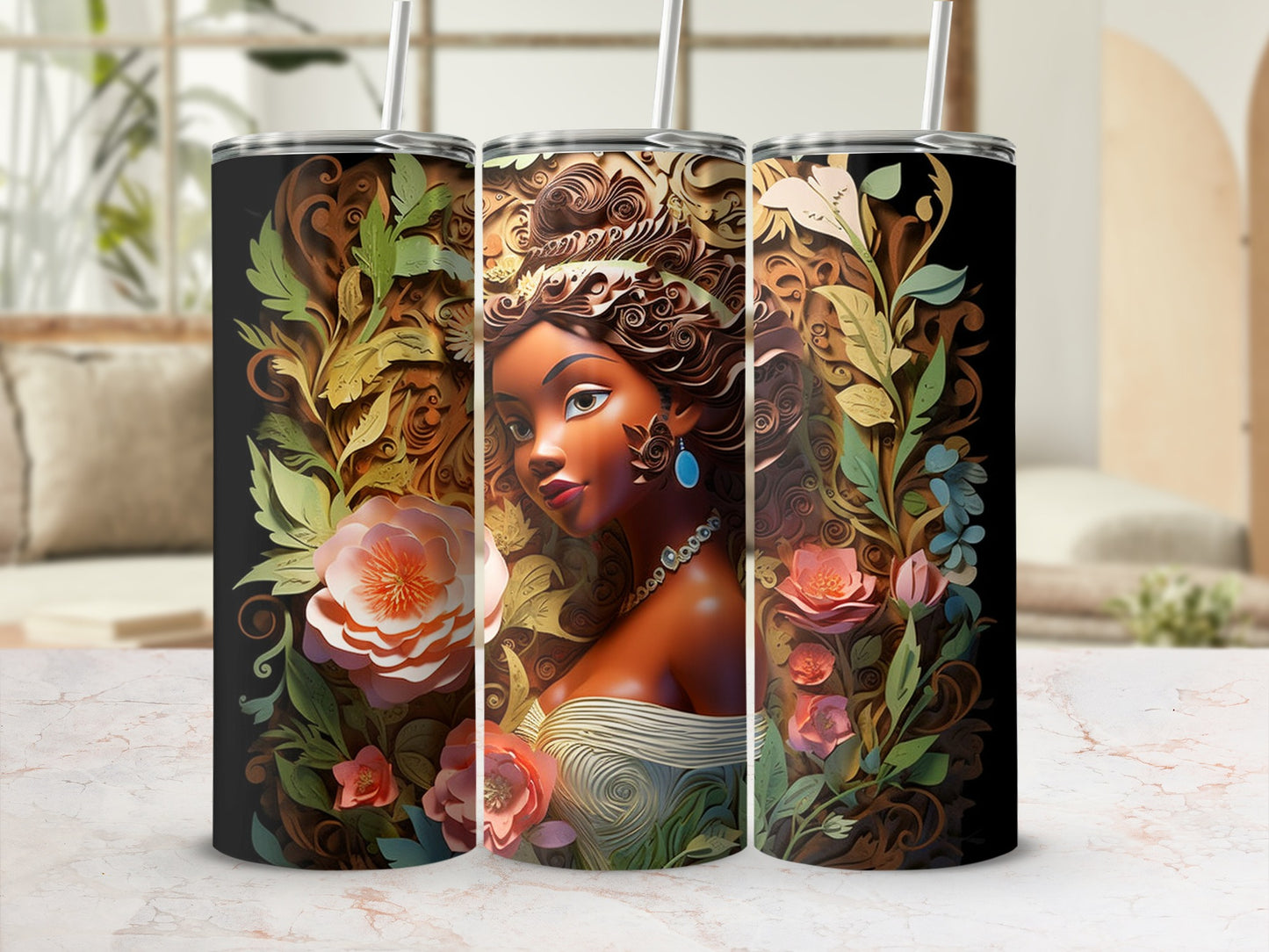 Artistic Floral African Woman Design Tumbler