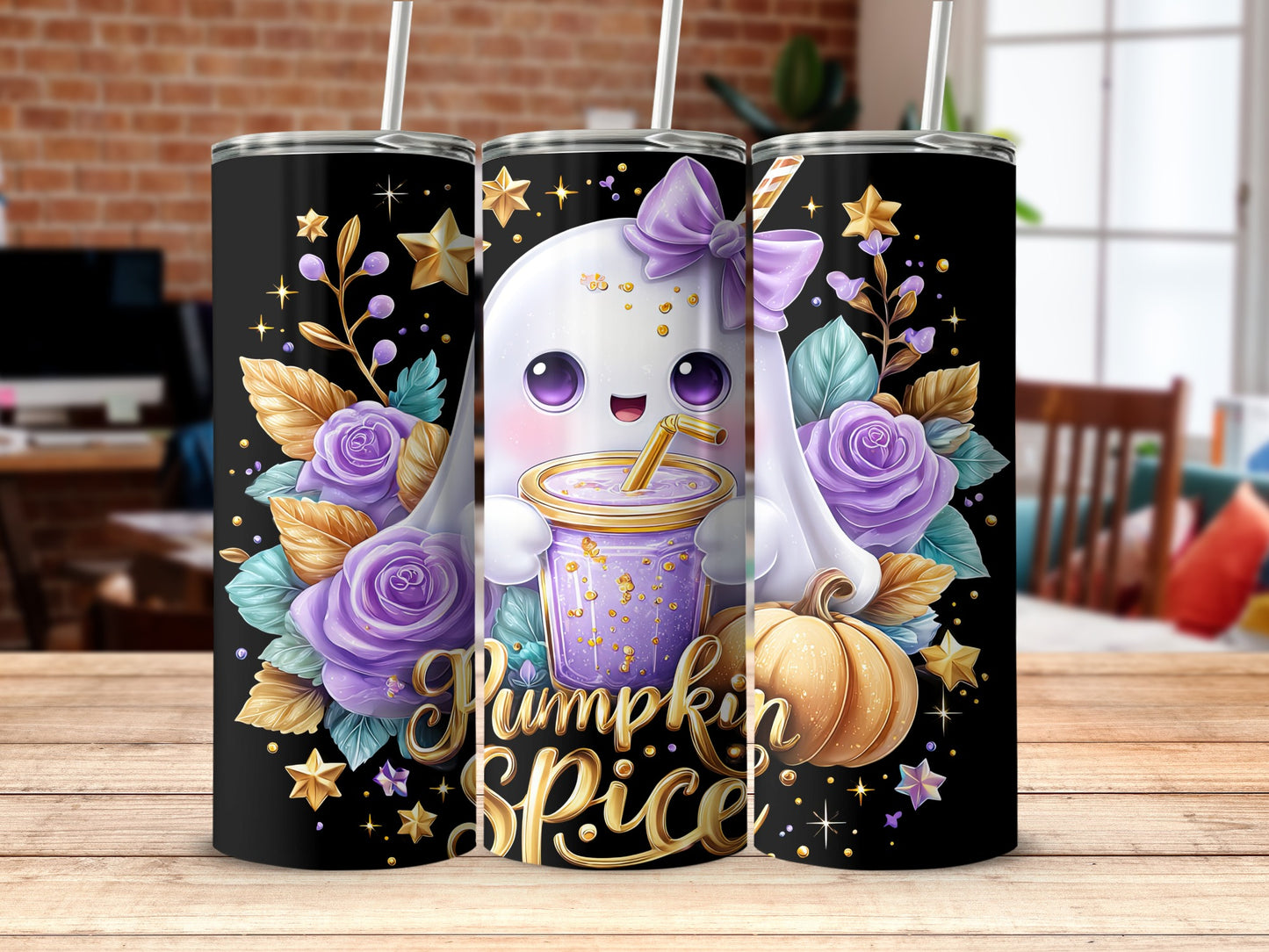 Cute Ghost with Pumpkin Spice Tumbler Design