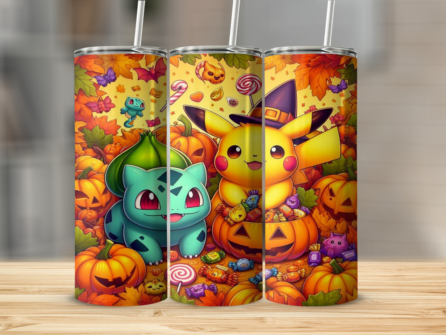 Halloween Pikachu Bulbasaur Autumn Themed Tumbler