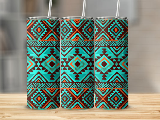 Three tumblers with a geometric turquoise, orange, and brown tribal pattern.