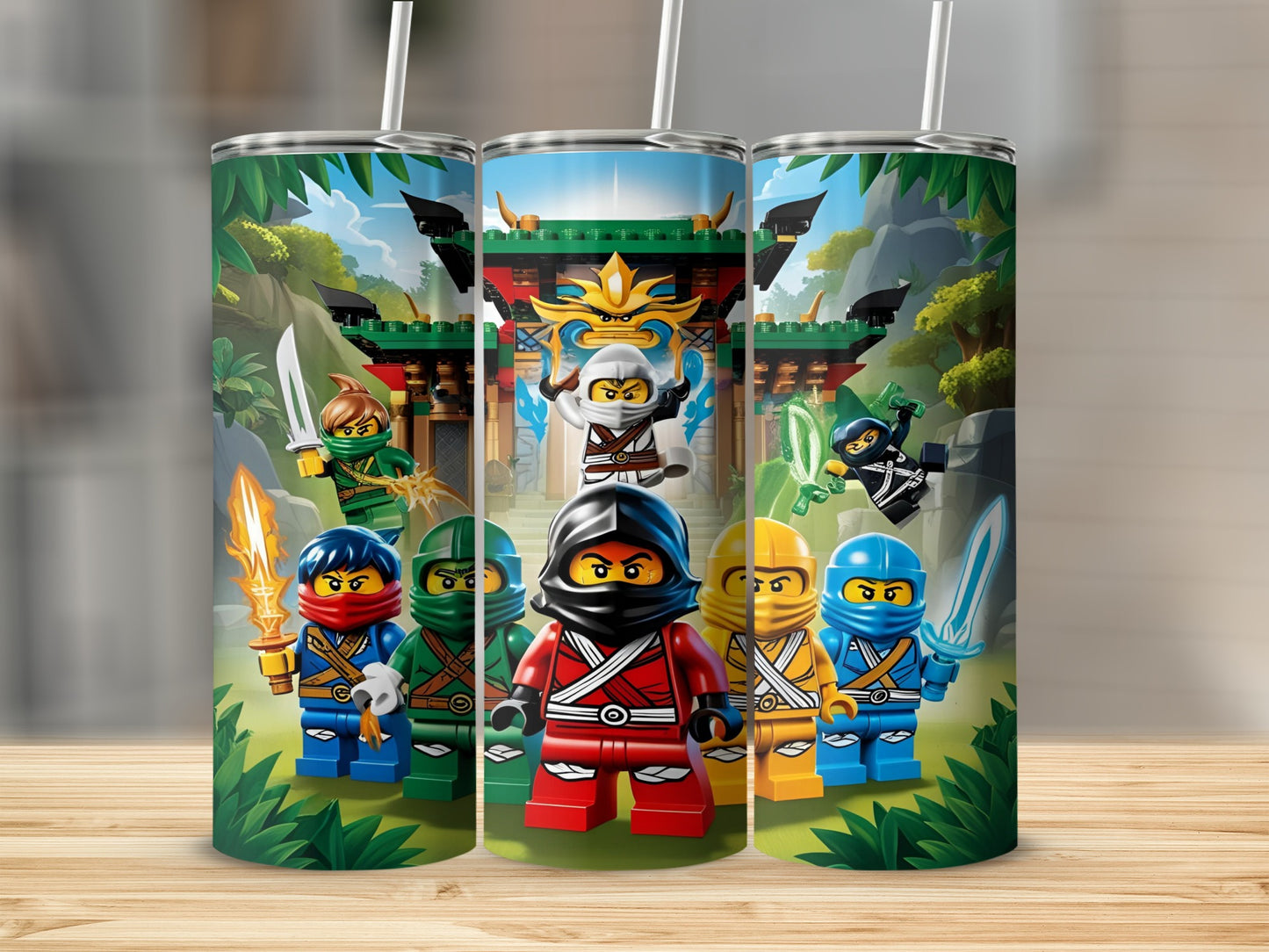 Ninjago characters in their elemental outfits stand before a temple in a forest.