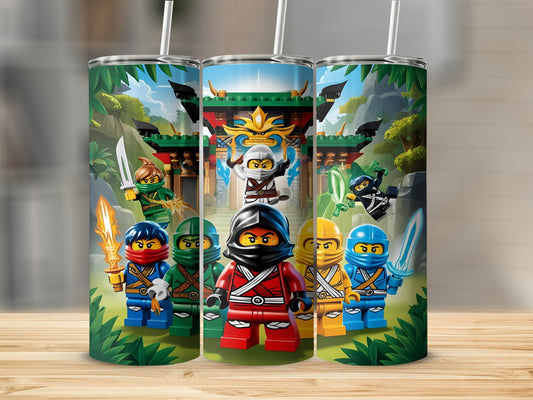 Ninjago characters in their elemental outfits stand before a temple in a forest.