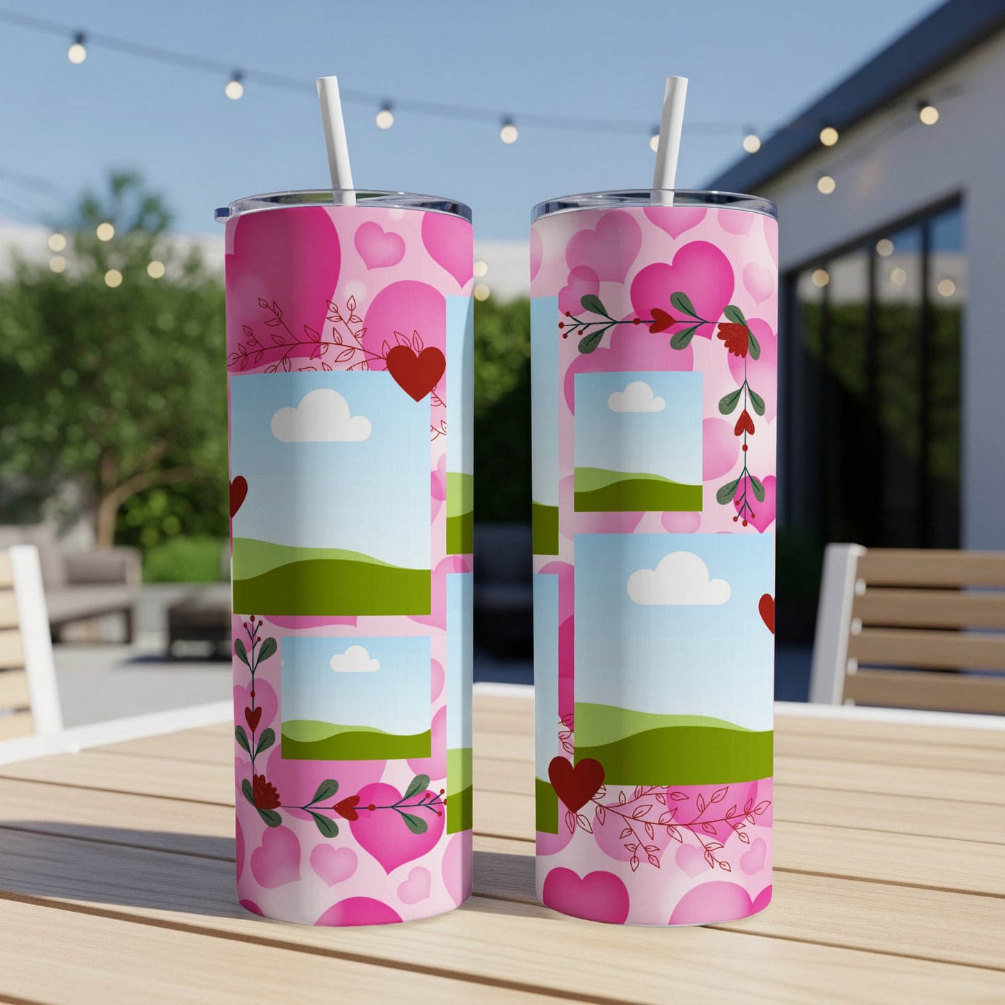 Pink heart tumbler with placeholder photo frames and floral accents.