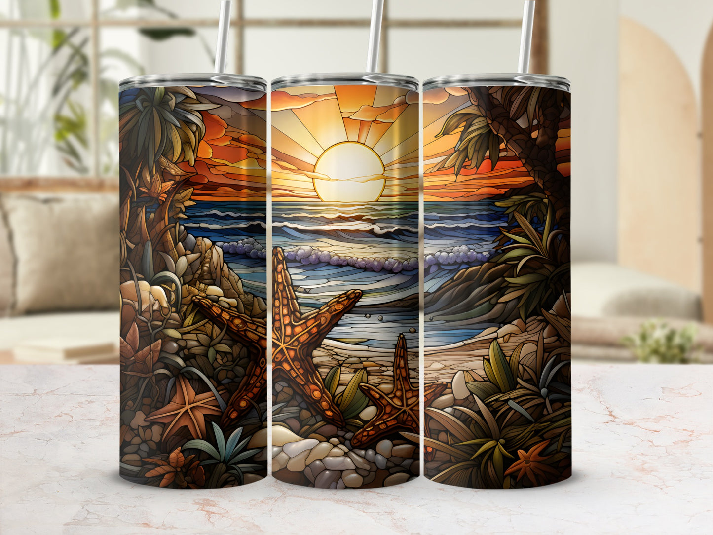 Sunset beach scene with starfish and palm trees on a tumbler.