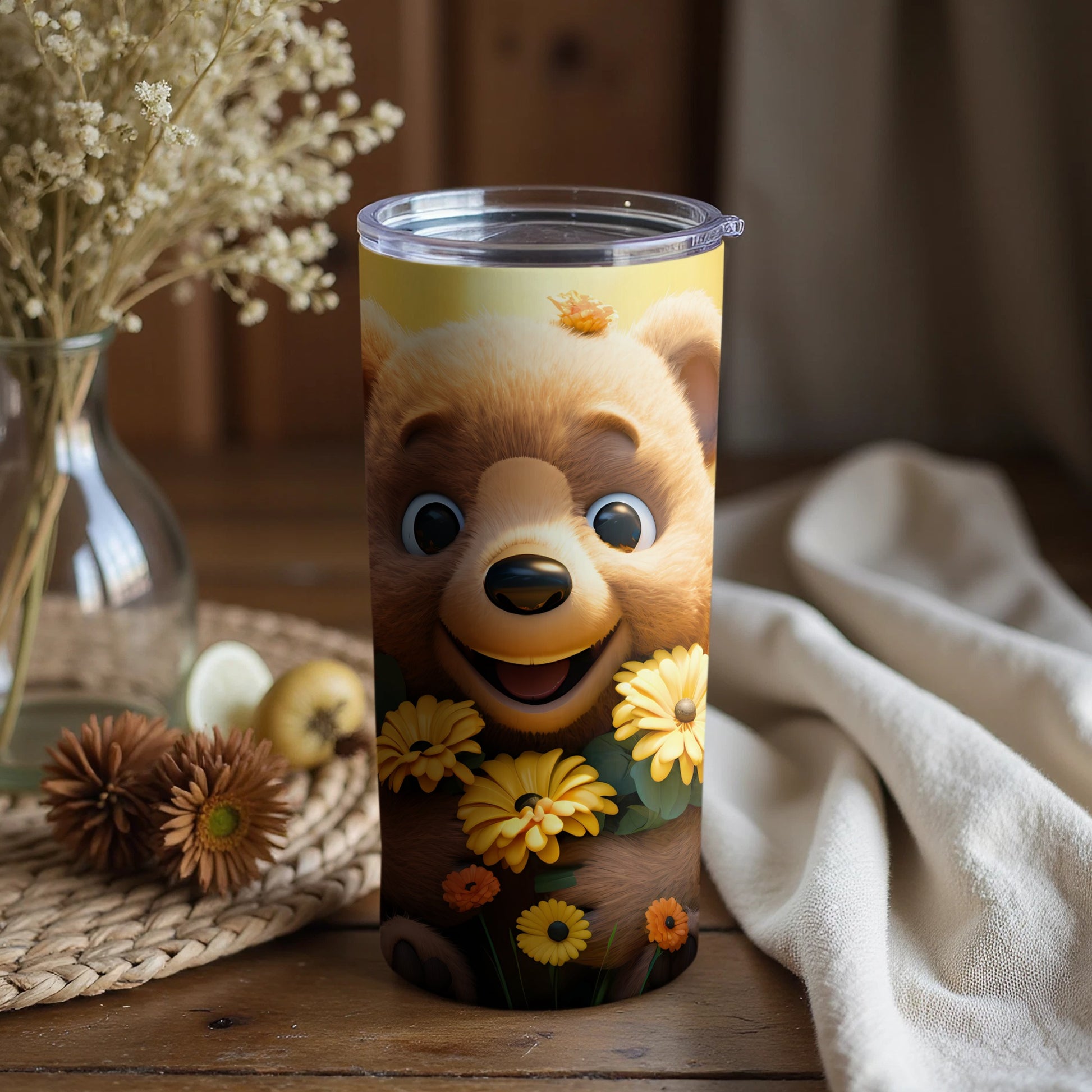 Happy Smiling Bear Yellow Flower Butterfly Tumbler product type
bear
cartoon bear
happy bear
smiling bear
cute bear
animal design
tumbler
drinkware
beverage holder
yellow flowers
orange flowers
floral design
butterfly
sunny design
joyful character
whimsical
kids drinkware
gift idea
travel mug
fun design