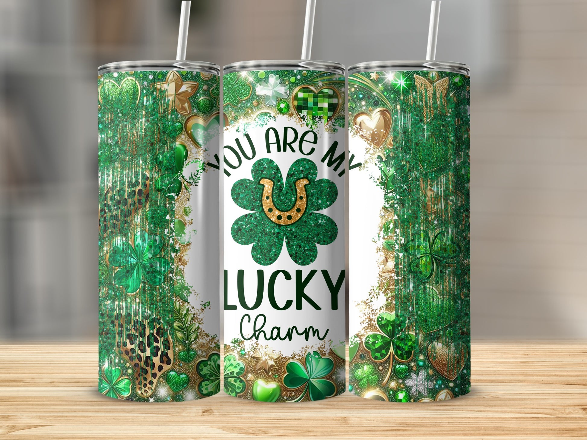Green and gold St. Patrick's Day tumbler with shamrocks and "You are my lucky charm".