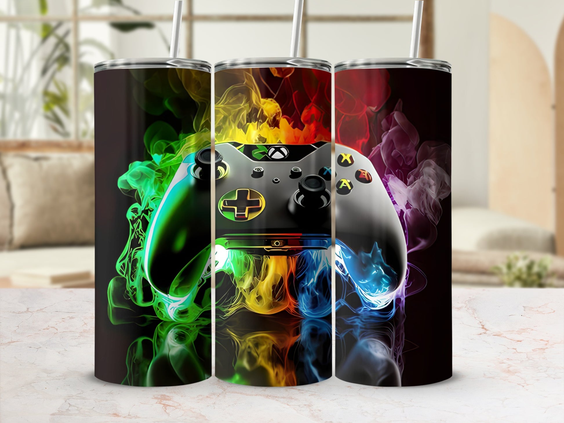 Black tumbler with a vibrant, glowing Xbox controller design and colorful smoke.