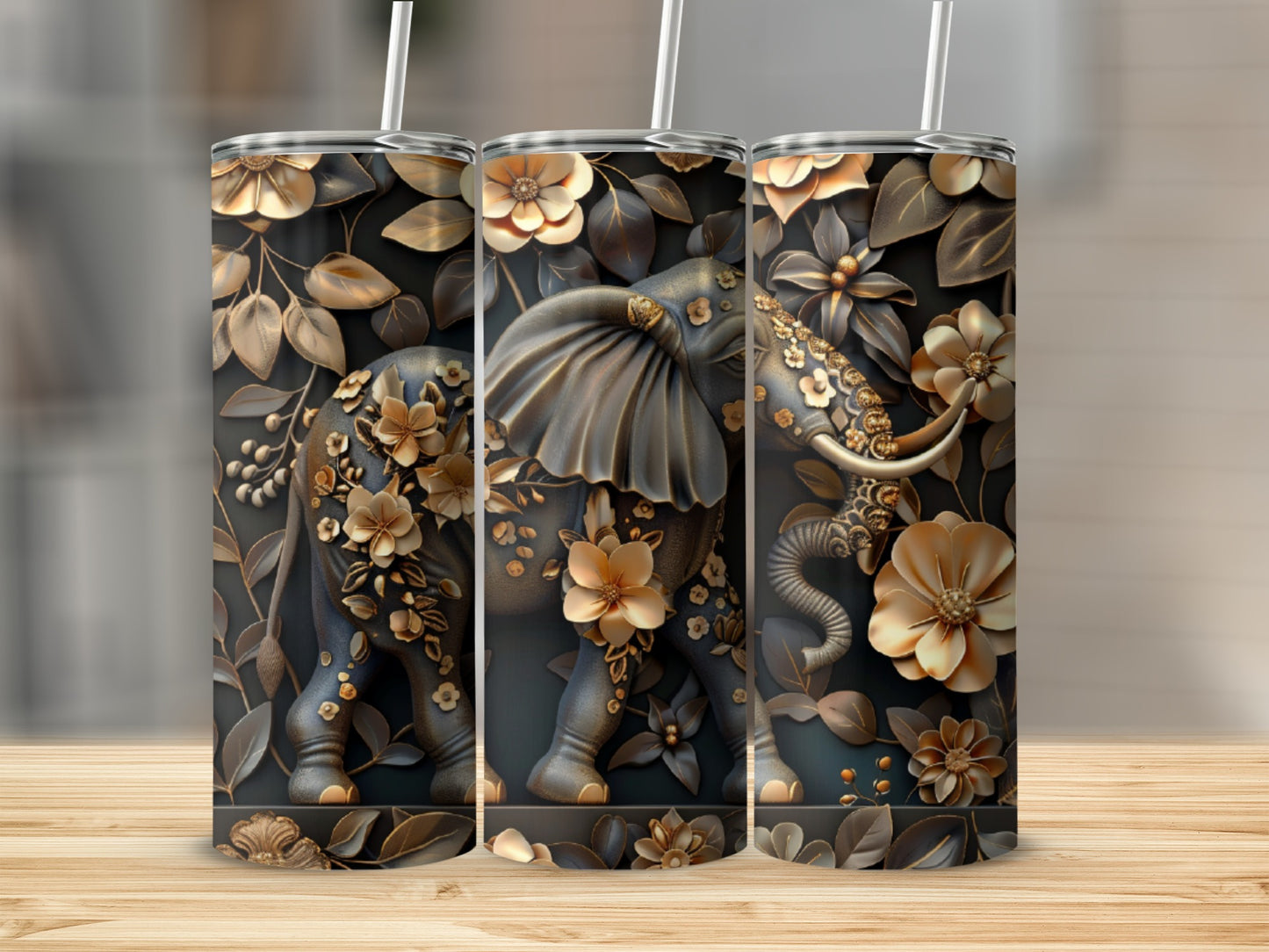 Bronze elephant with floral embellishments on a patterned tumbler.