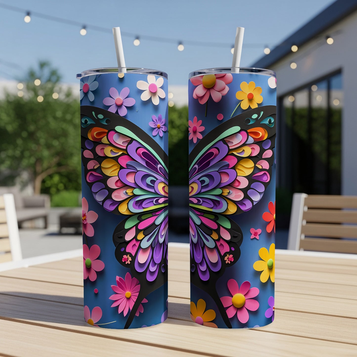Two tumblers with colorful butterfly and floral designs against a bright blue background.