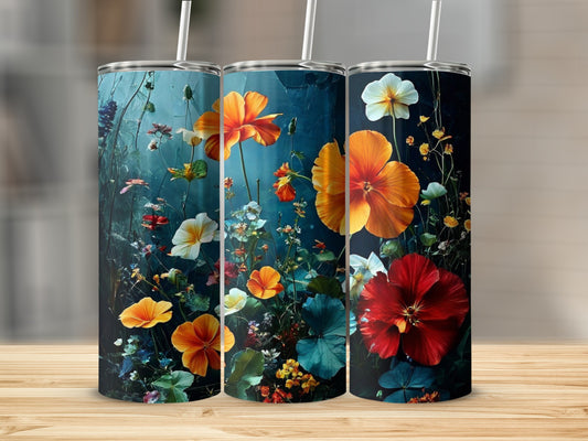 Three tumblers adorned with a vibrant, dark floral design featuring orange and red flowers.