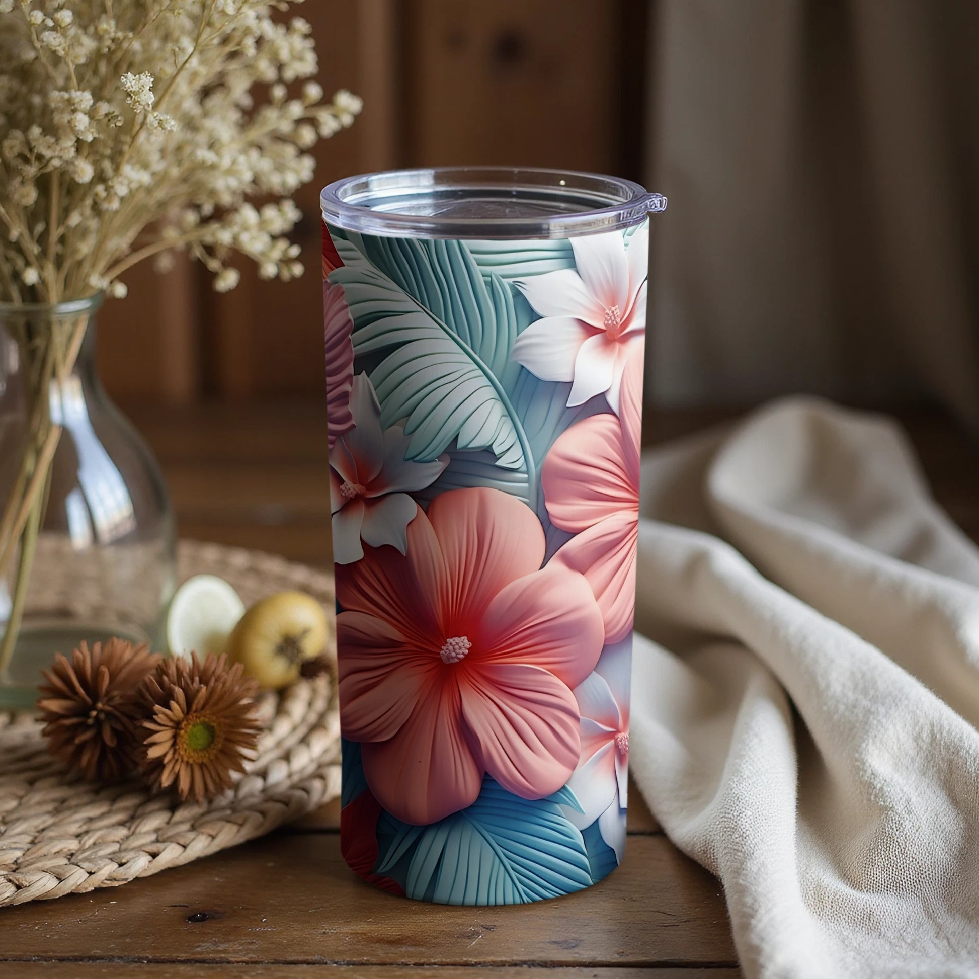 Tropical Floral Design Tumbler with Lid and Straw
