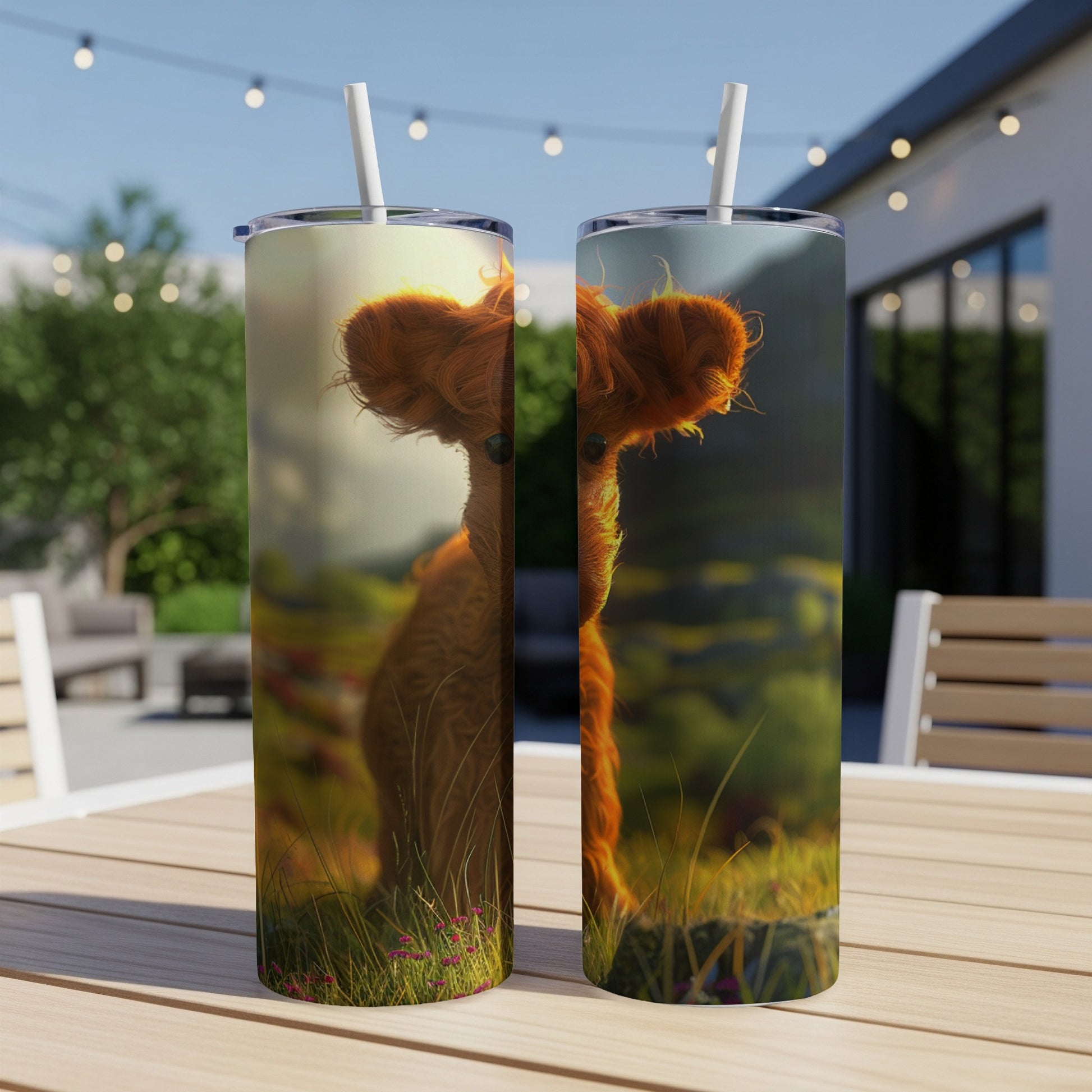 Fluffy Highland cow with long orange fur on a skinny tumbler.
