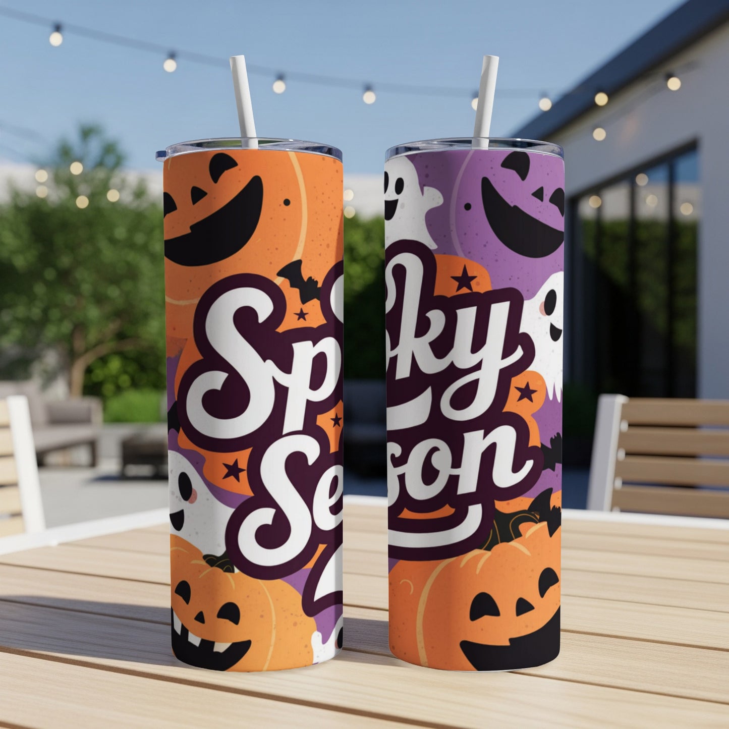 Two tumblers with "Spooky Season" text, pumpkins, ghosts, and bats.