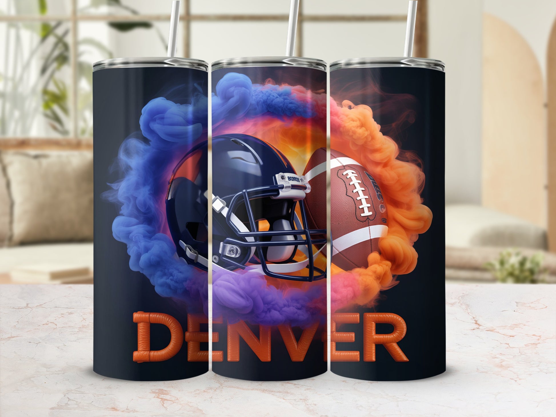 Denver Broncos helmet and football with orange and blue smoke.