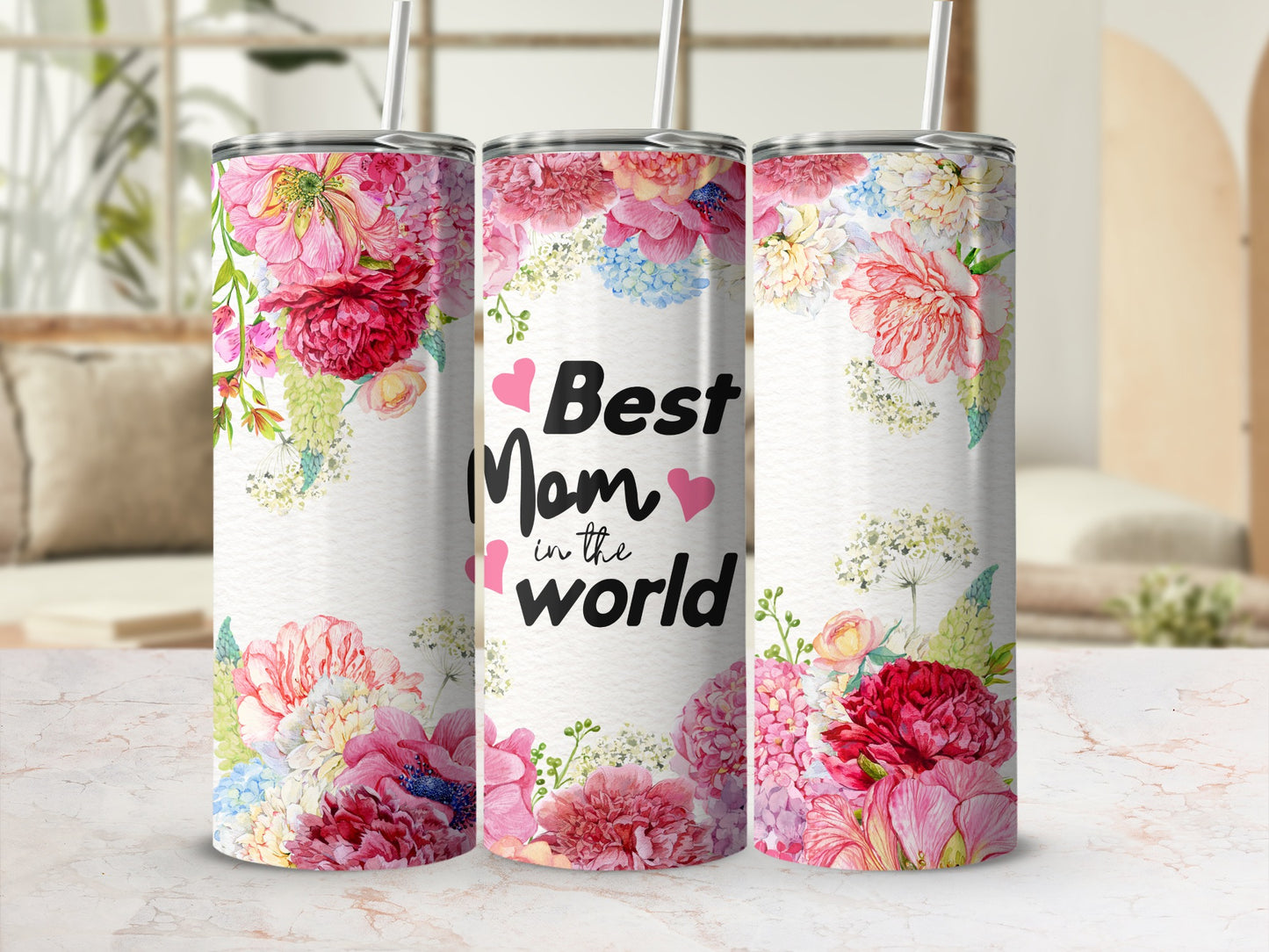 Best Mom in the World Tumbler with Floral Design