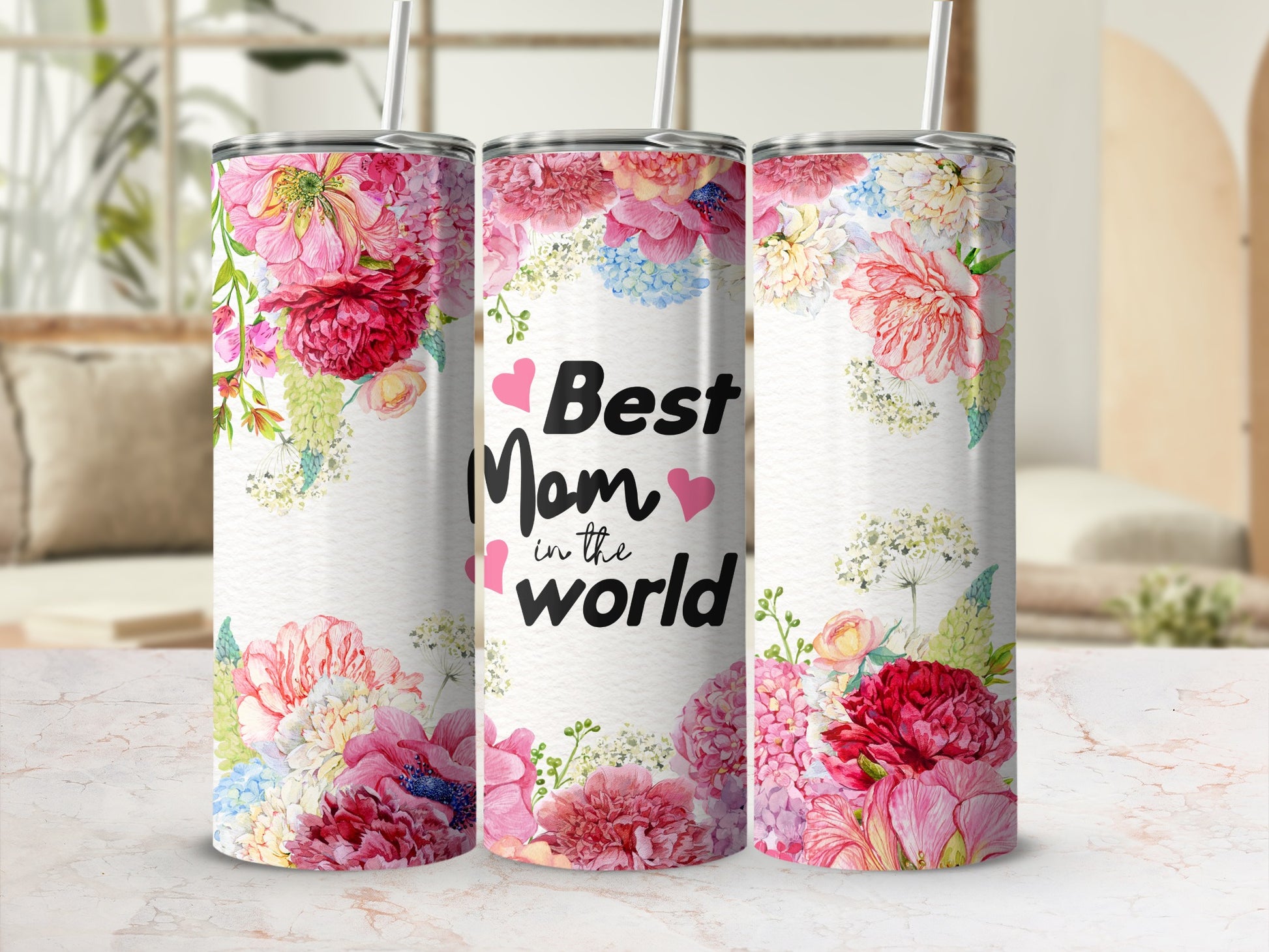 Best Mom in the World Tumbler with Floral Design