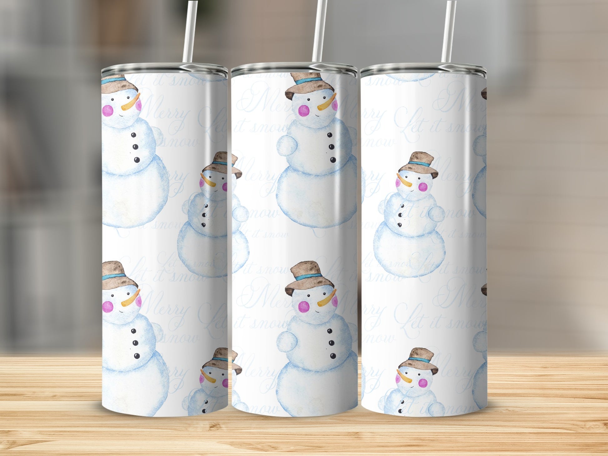 Tumbler with snowmen pattern and "Merry Christmas" text.