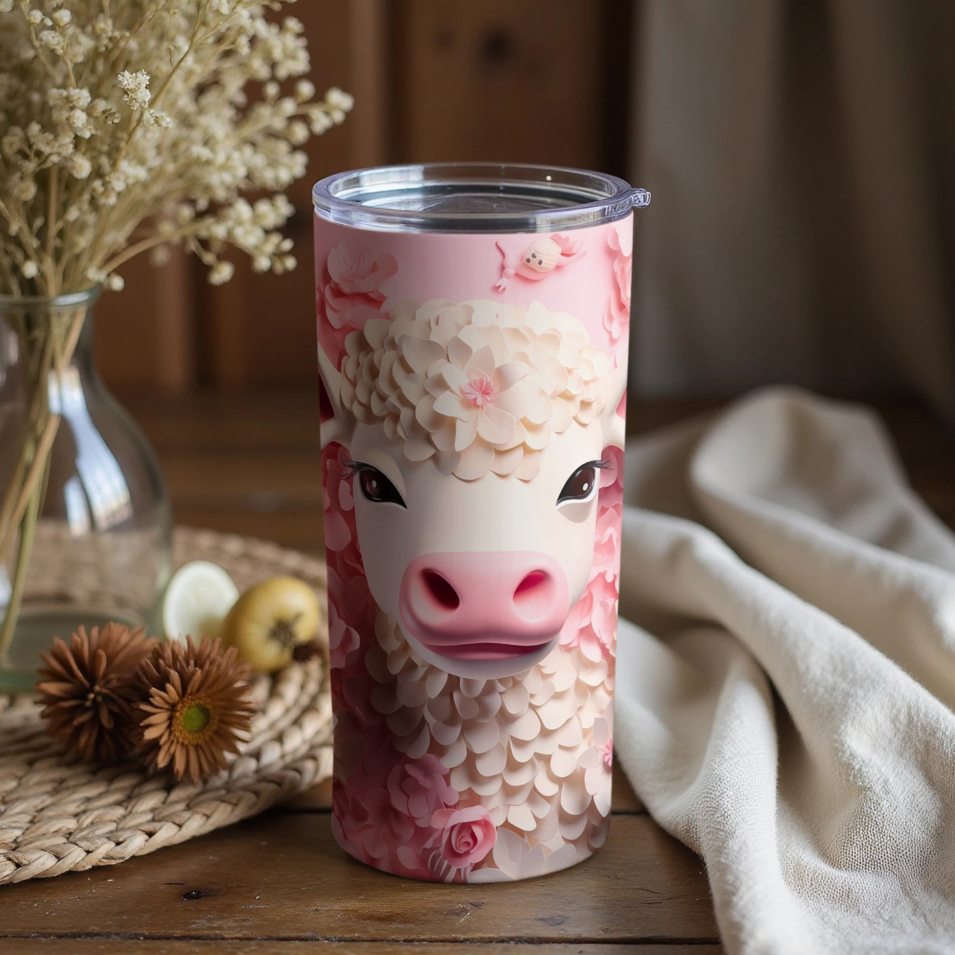 Charming Pink Petal Cow Face Pattern Tumbler product type
Pink tumbler
Cow design
Floral pattern
Cute animal
Petal art
Blossom theme
Drinkware
Tumbler cup
Pink aesthetic
Farm animal
Calf image
Flower cow
Unique design
Gift idea
Beverage holder
Whimsical art
Pastel colors
Sweet design
Kawaii style
Travel mug
