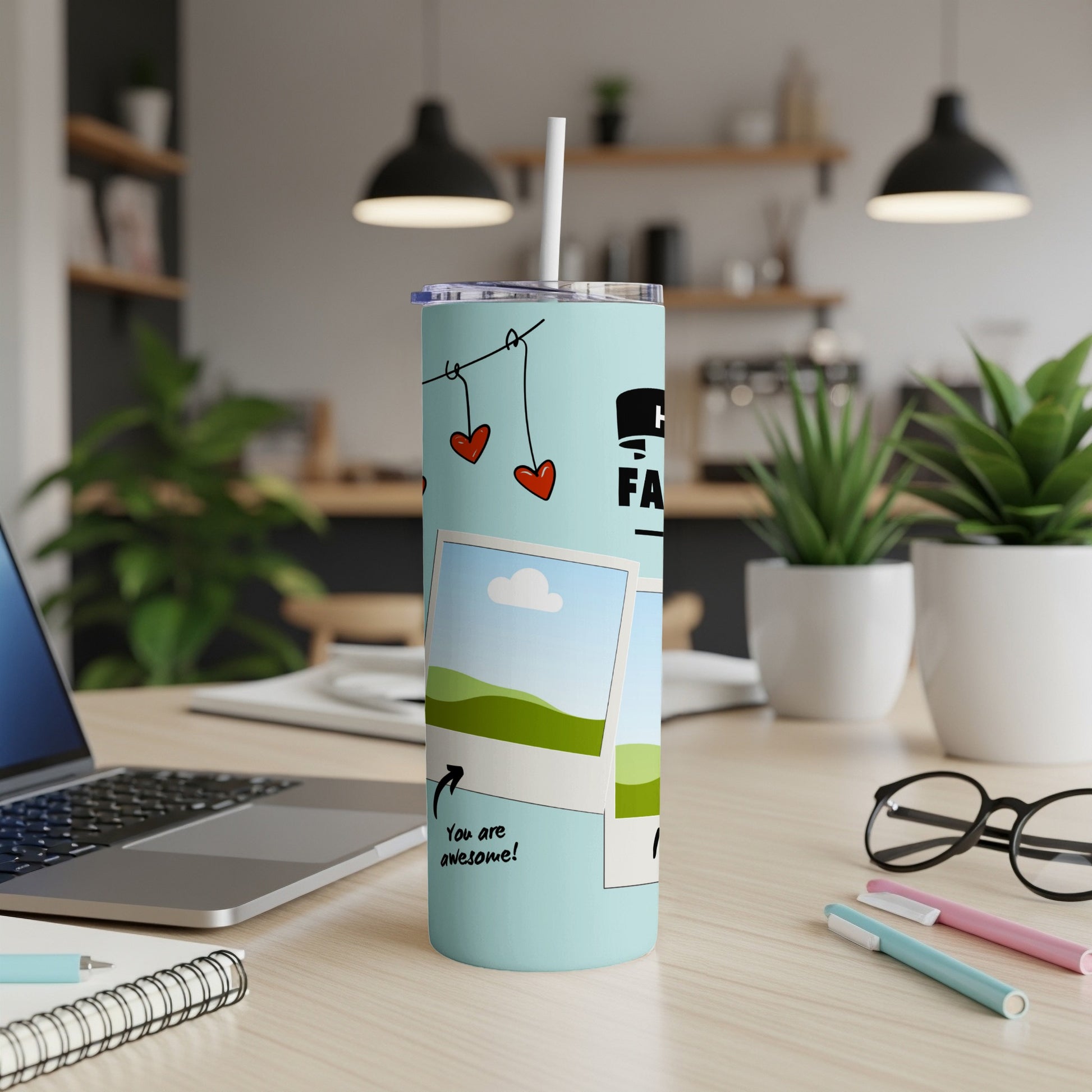 Light blue tumbler with hearts, photos, and "You are awesome!" text.
