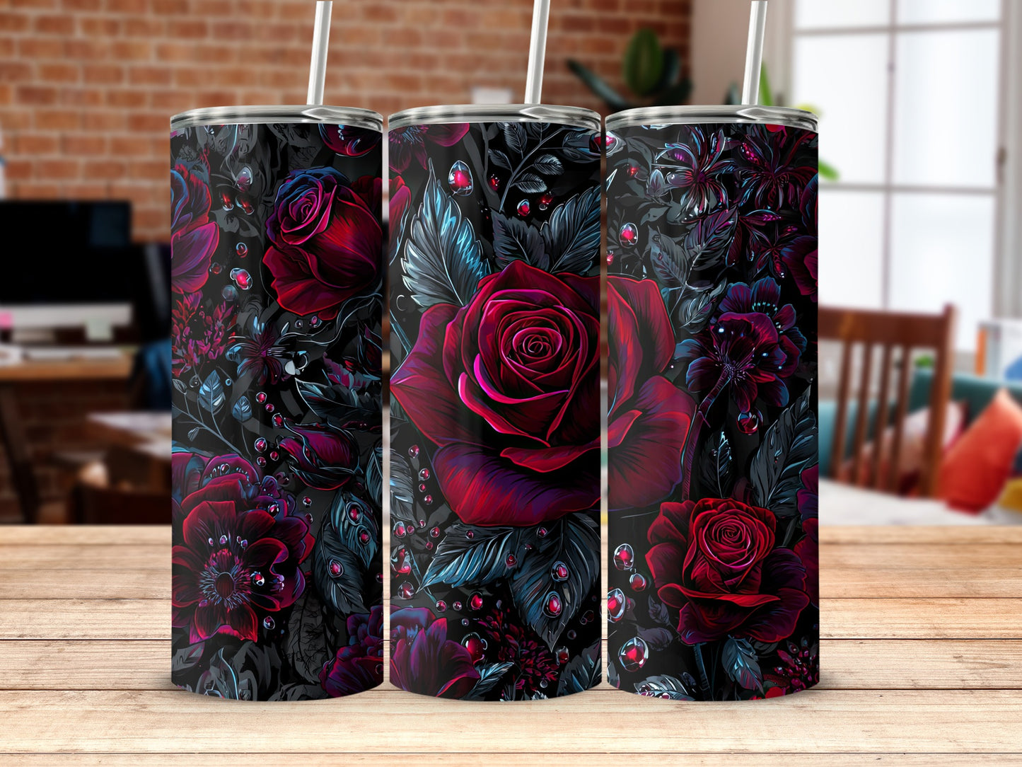 Dark Rose and Floral Art Design Tumbler Cup