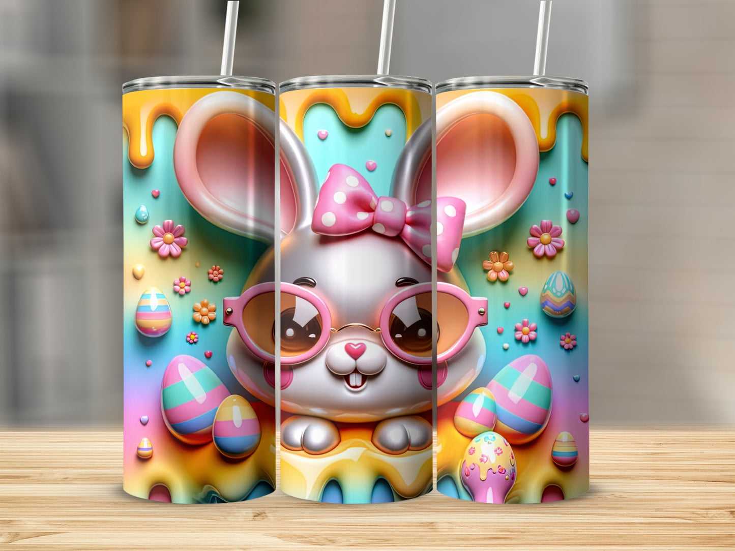 Easter bunny with sunglasses and colorful eggs on a tumbler.