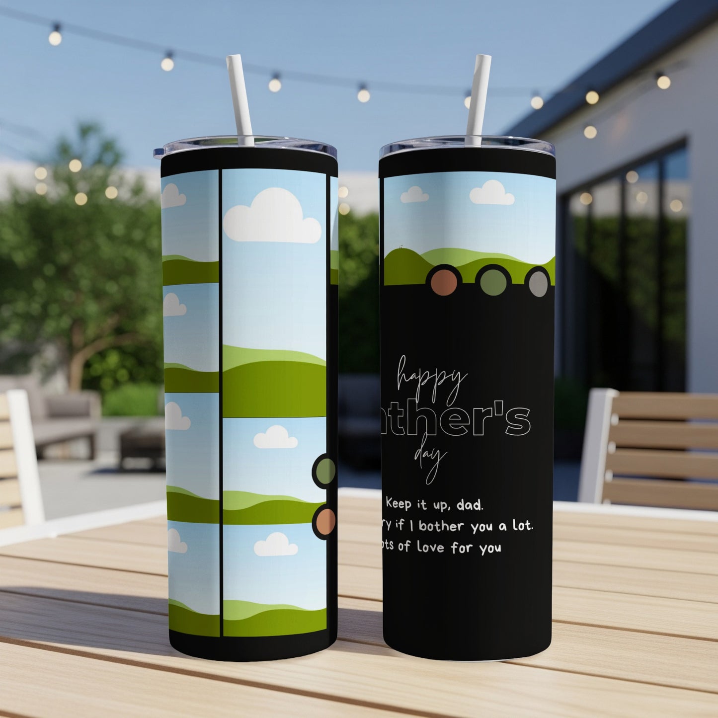 Two tumblers with a grassy hill and sky design and "Happy Father's Day" text.