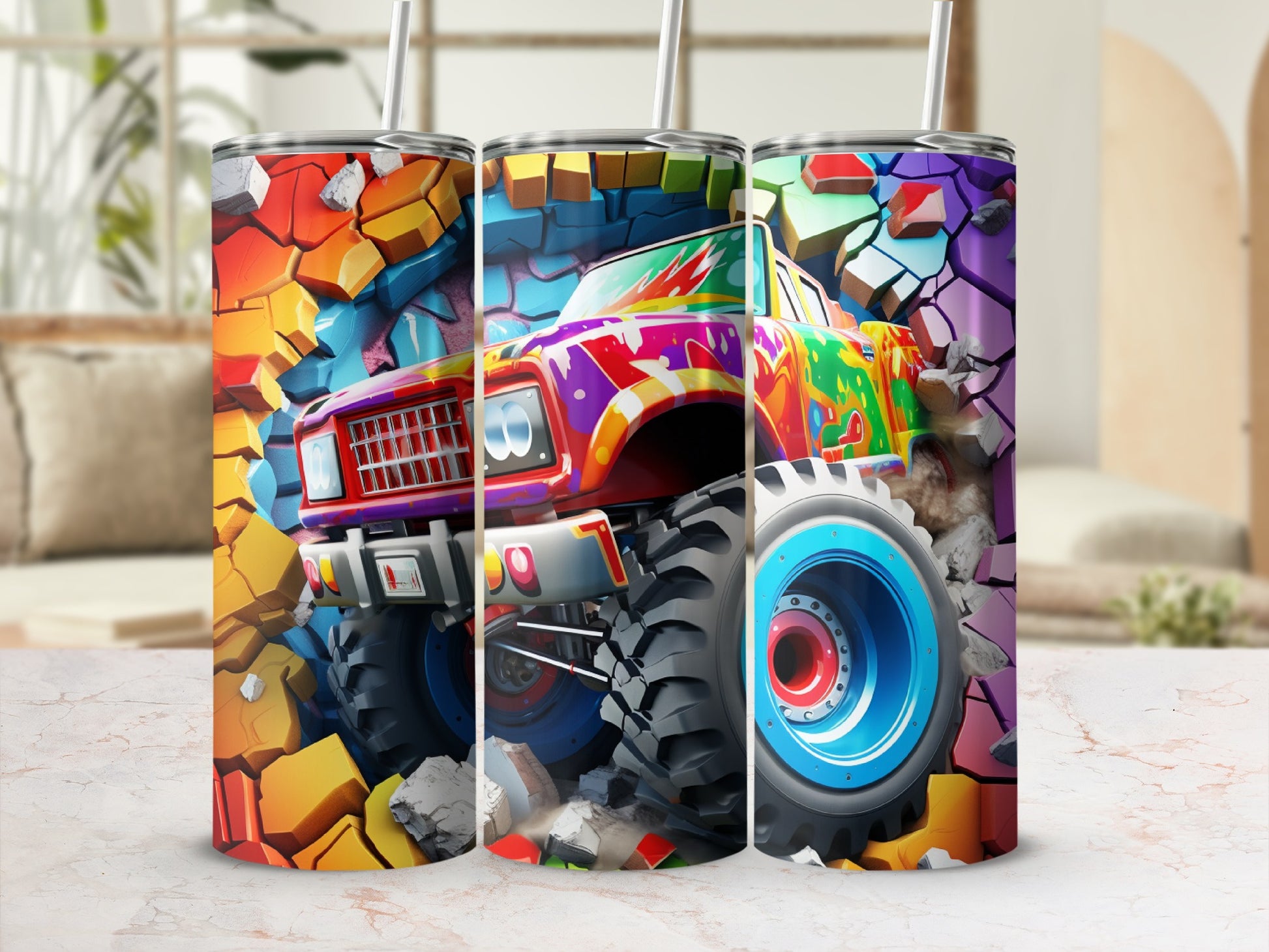 Colorful Monster Truck Wall Smash Tumbler Design