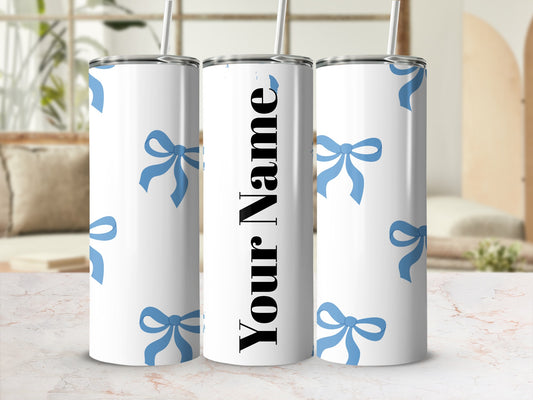 Personalized White Tumbler with Blue Bow Design