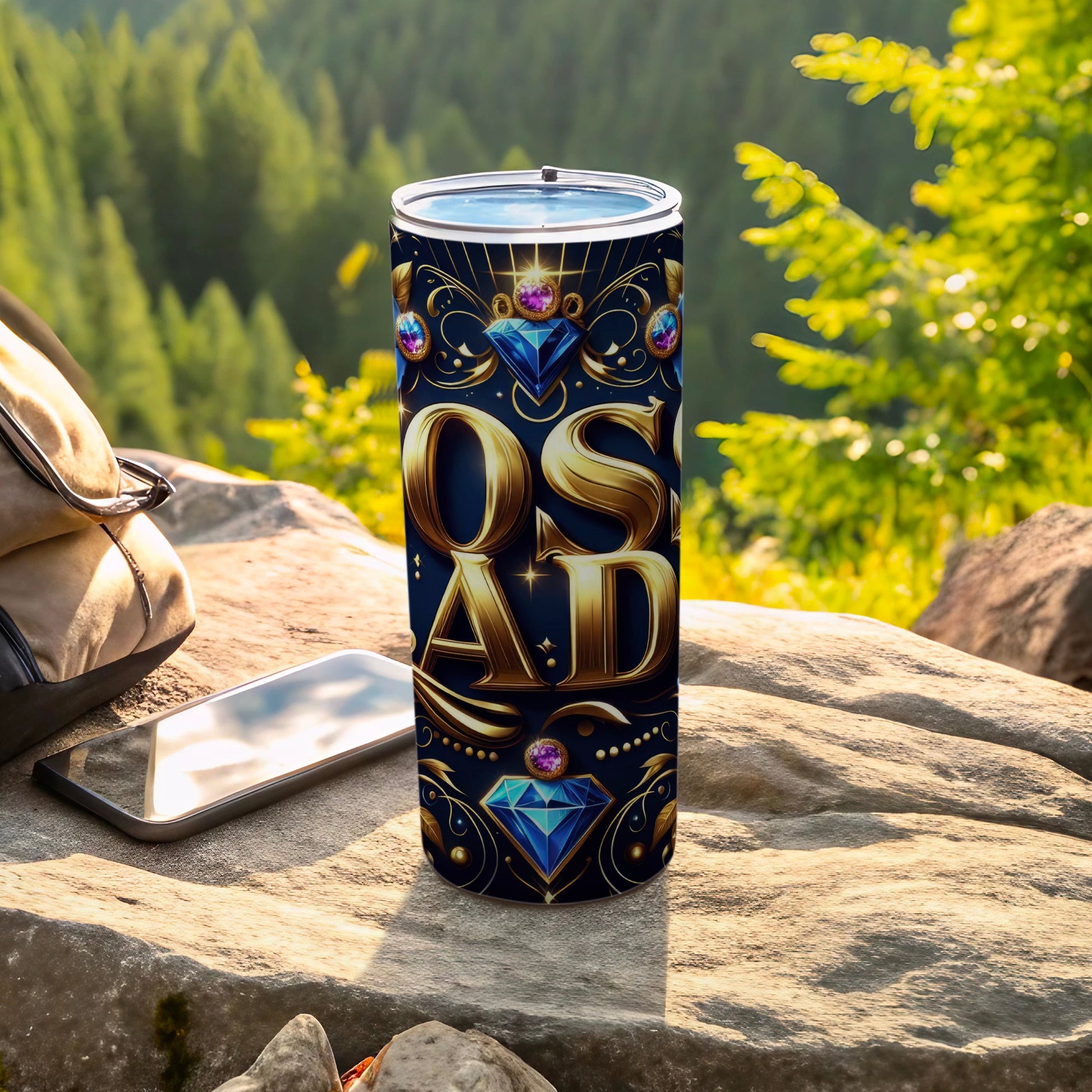 Decorative Tumbler with Bold Lettering and Jewel Design