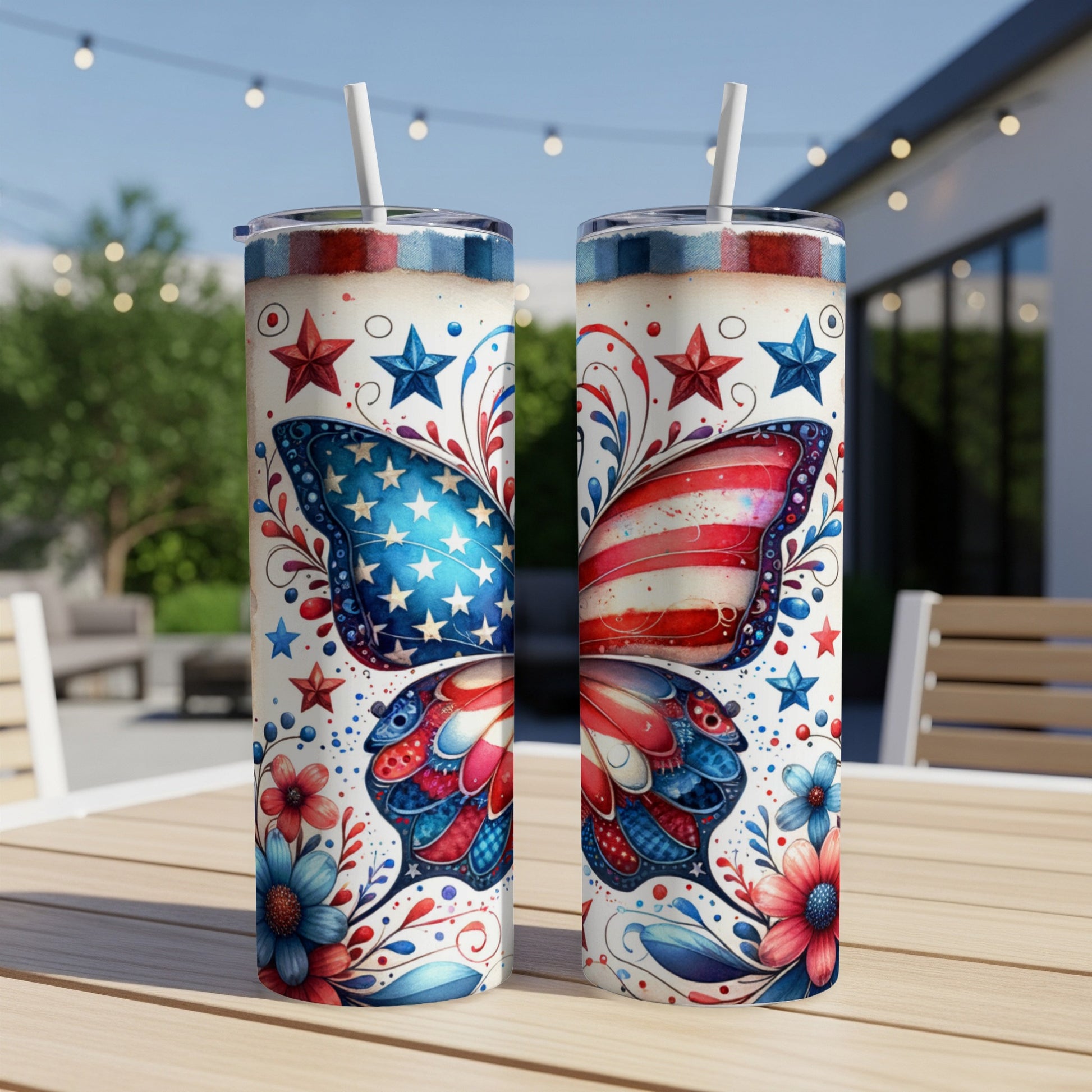 Two patriotic tumblers with butterfly wing designs and stars.
