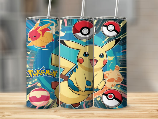 Pokémon tumbler featuring Pikachu, other Pokémon, and Poké Balls on a blue background.