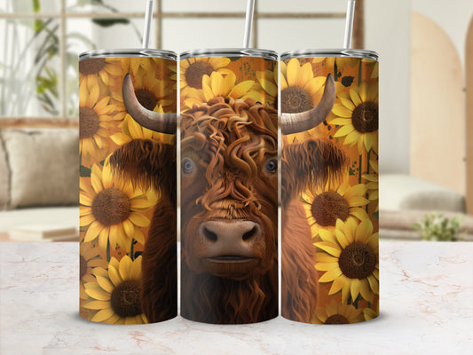 Highland cow and sunflowers pattern on three tumblers.