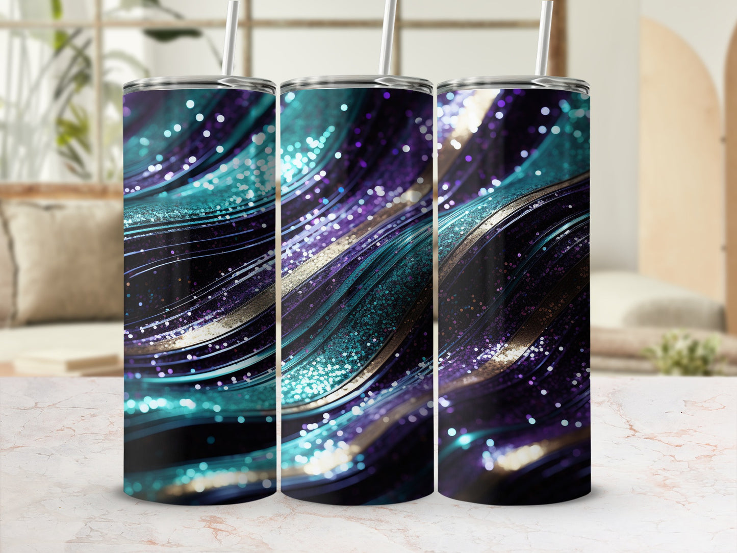 Glittering Teal Purple Swirls Abstract Design Tumbler product type