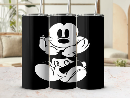 Black tumbler with white Mickey Mouse design and straw.
