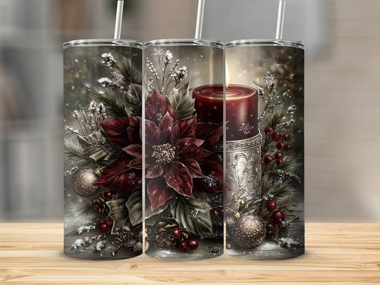 Festive Holiday Tumbler with Candle and Poinsettia Design