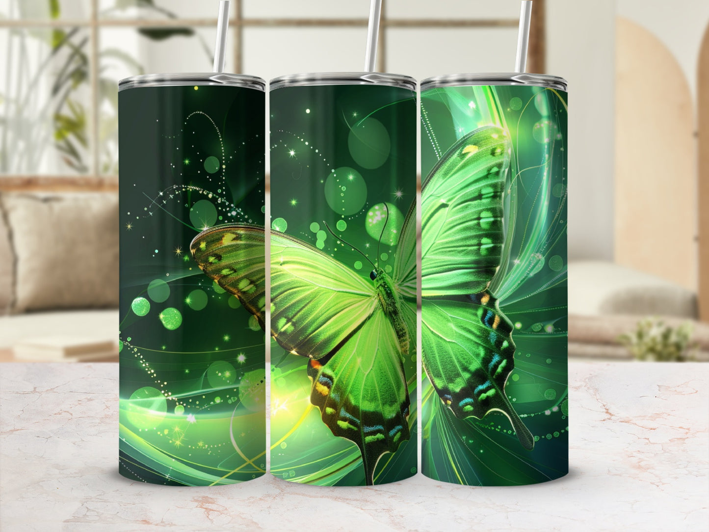 Green butterfly on a sparkling background on a tumbler.
