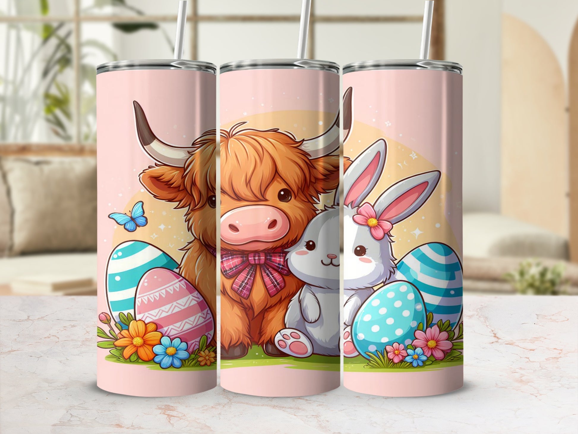 Cow and bunny with Easter eggs and flowers on a pink tumbler.