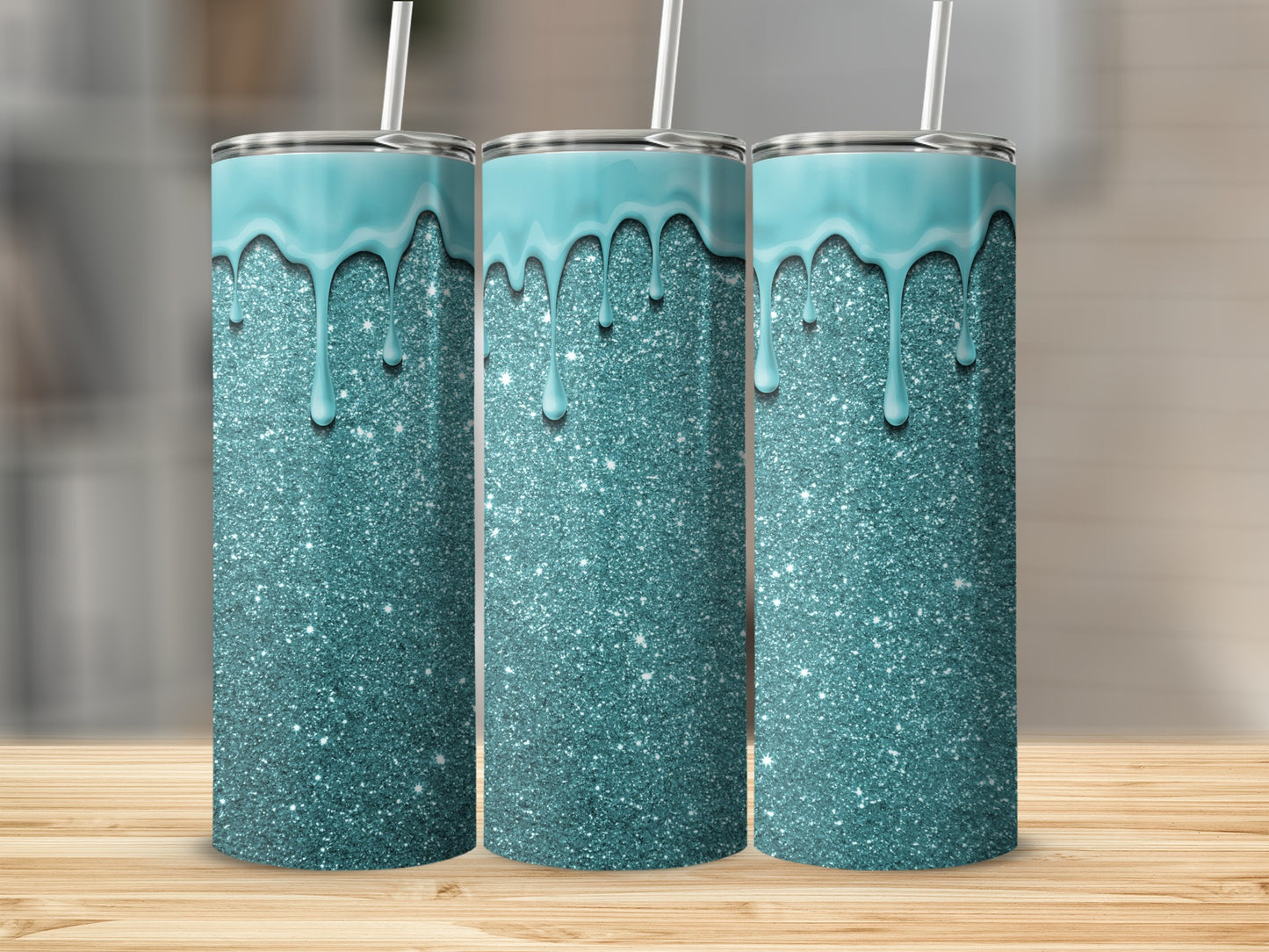 Glittering Blue Tumbler with Dripping Paint Design