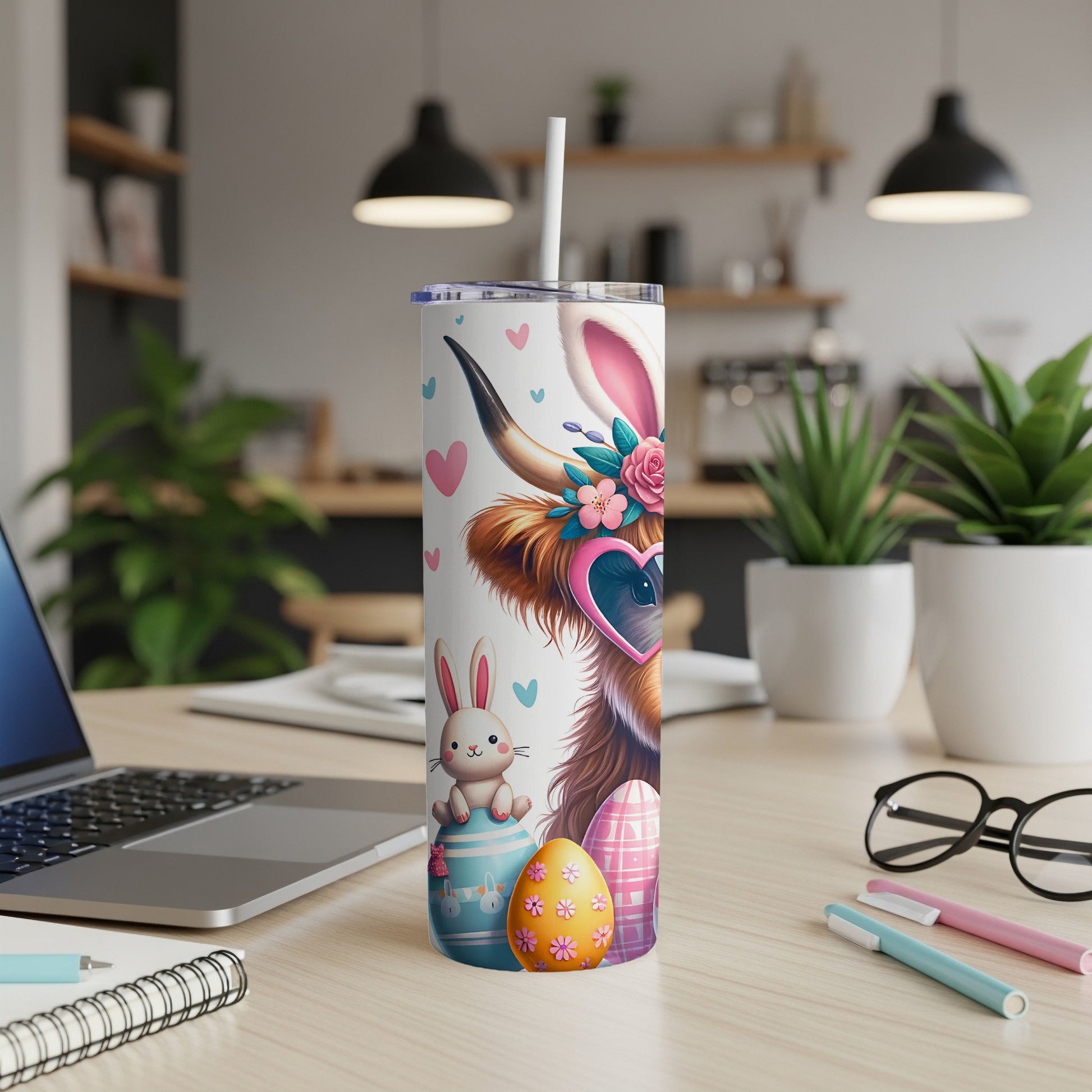 Easter bunny and cow tumbler with pink sunglasses and colorful eggs.