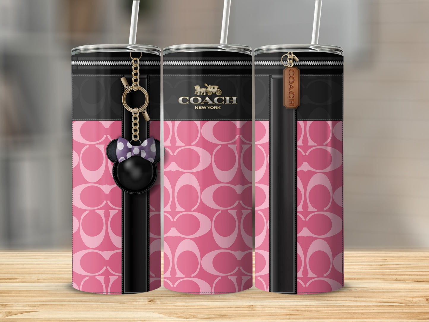 Pink and Black Coach Themed Tumbler with Minnie Keychain