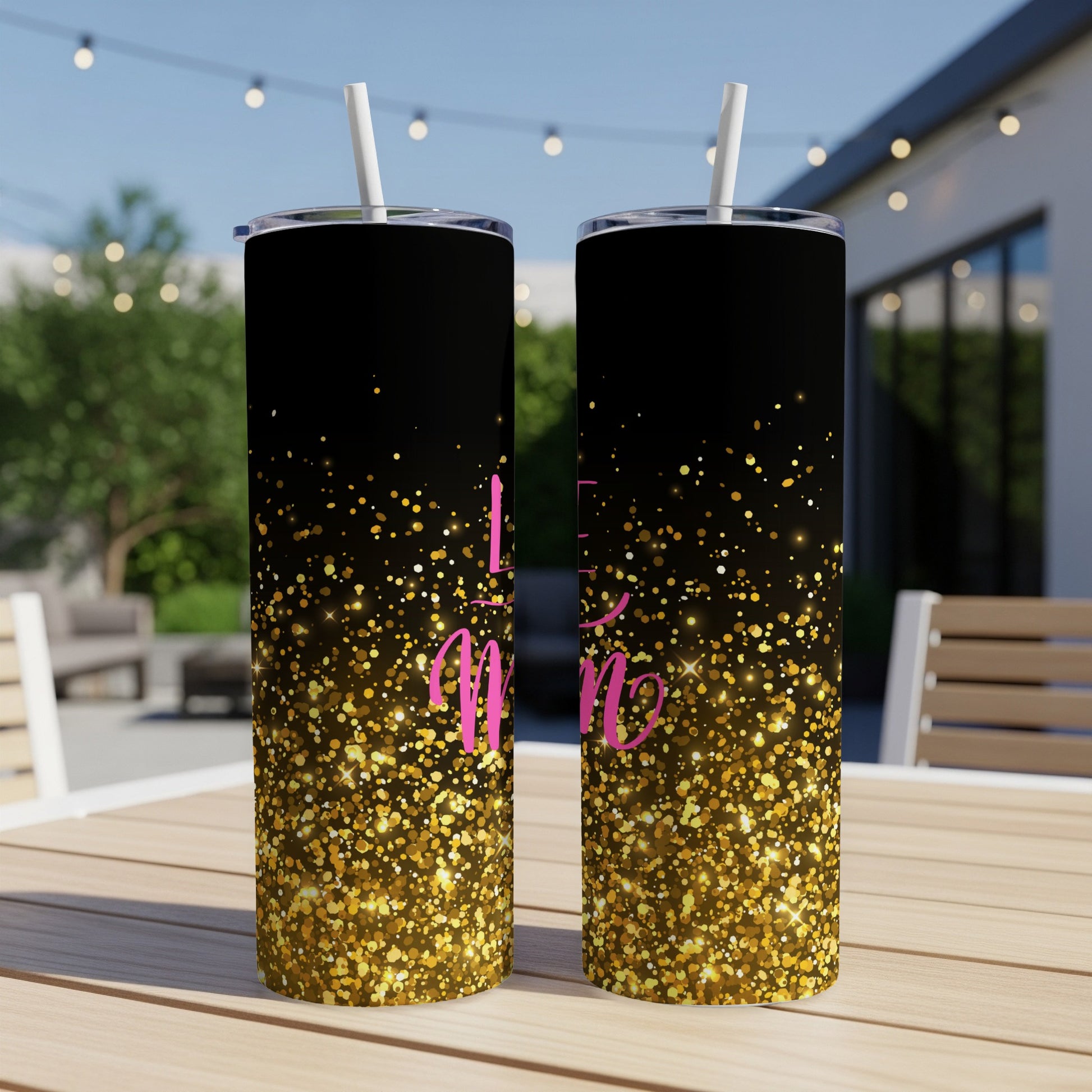 Two black tumblers with gold glitter gradient and pink text reading "I love Mom".