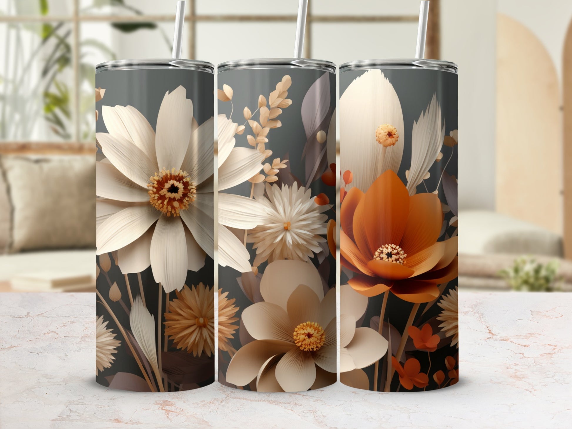 Beautiful Floral Pattern Insulated Tumbler Set